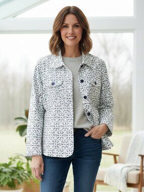Baxter & Wells M Women's Blazer‎ Jacket White Blue Pockets Cotton Button Front